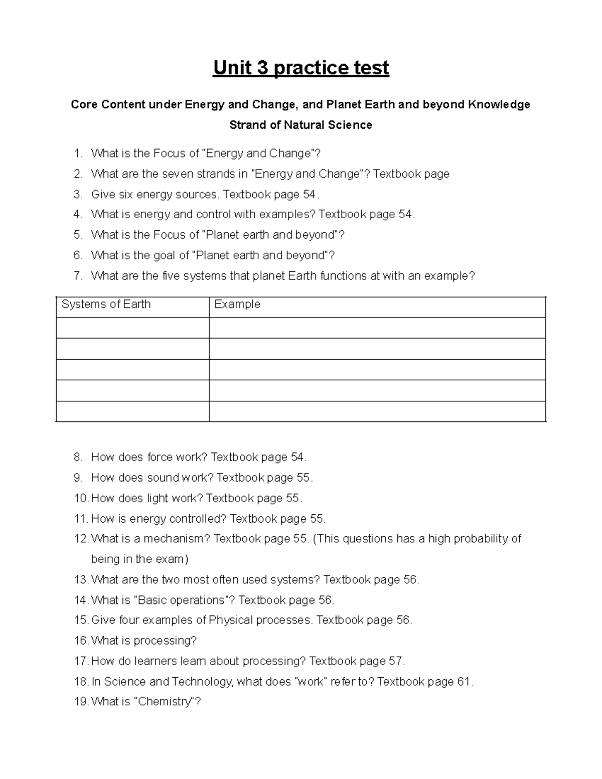 Unit 3 Practice Test: Energy & Change, Planet Earth Concepts - Studocu