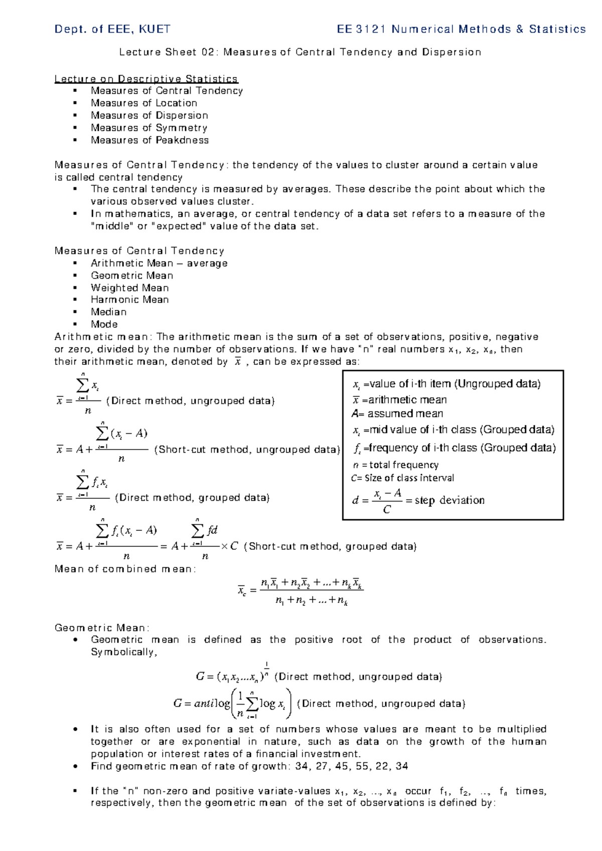 KUET EE 3121 Numerical Methods Statistics Lecture Sheet 02: Central ...
