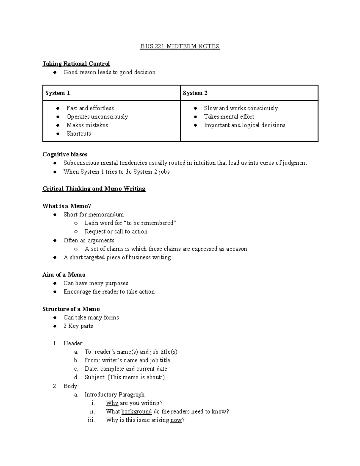 BUS 221 MIDTERM NOTES: Rational Control & Memo Writing Insights - Studocu