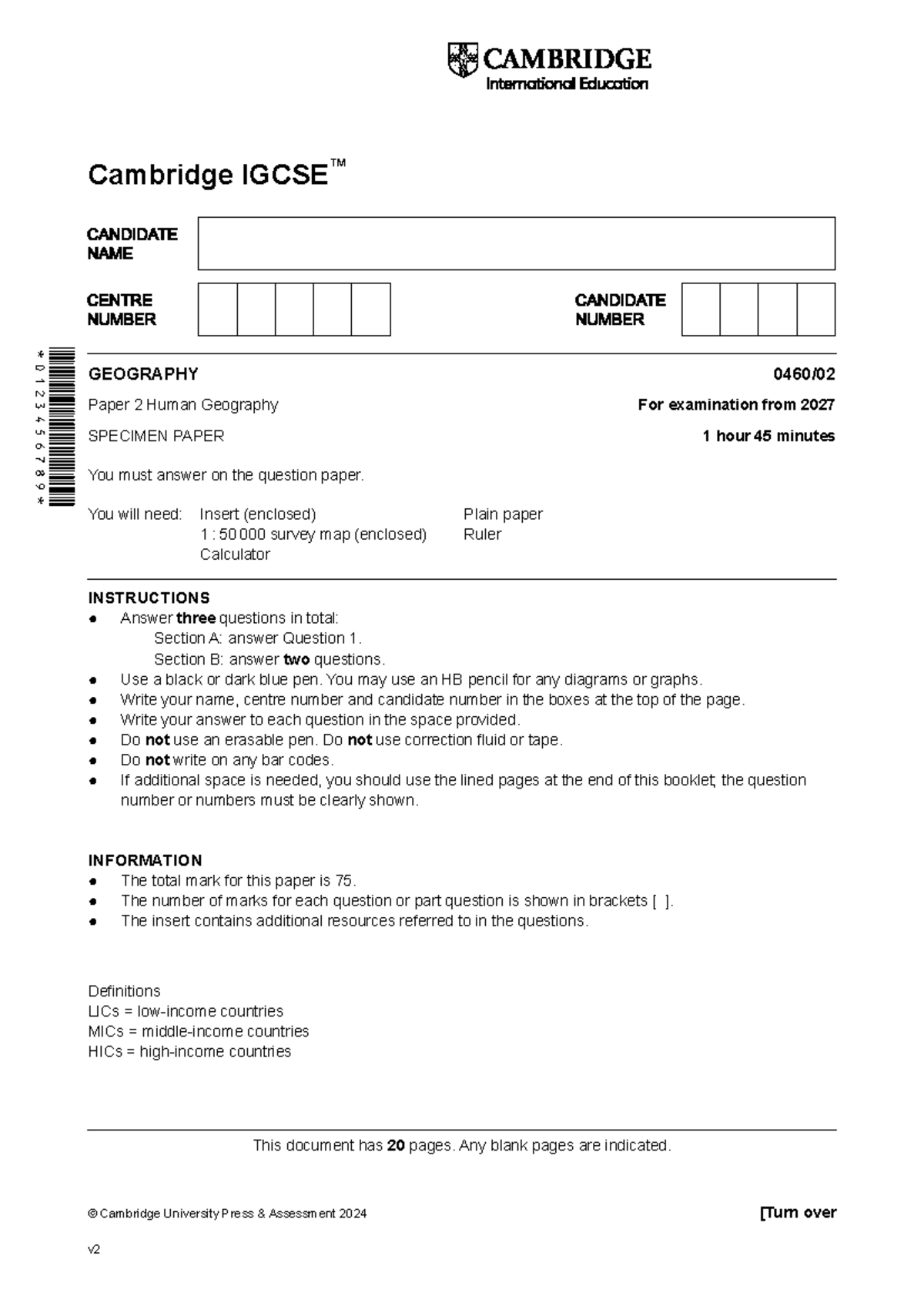 Cambridge 719022 2027 Specimen Paper 2: Human Geography Exam - Studocu