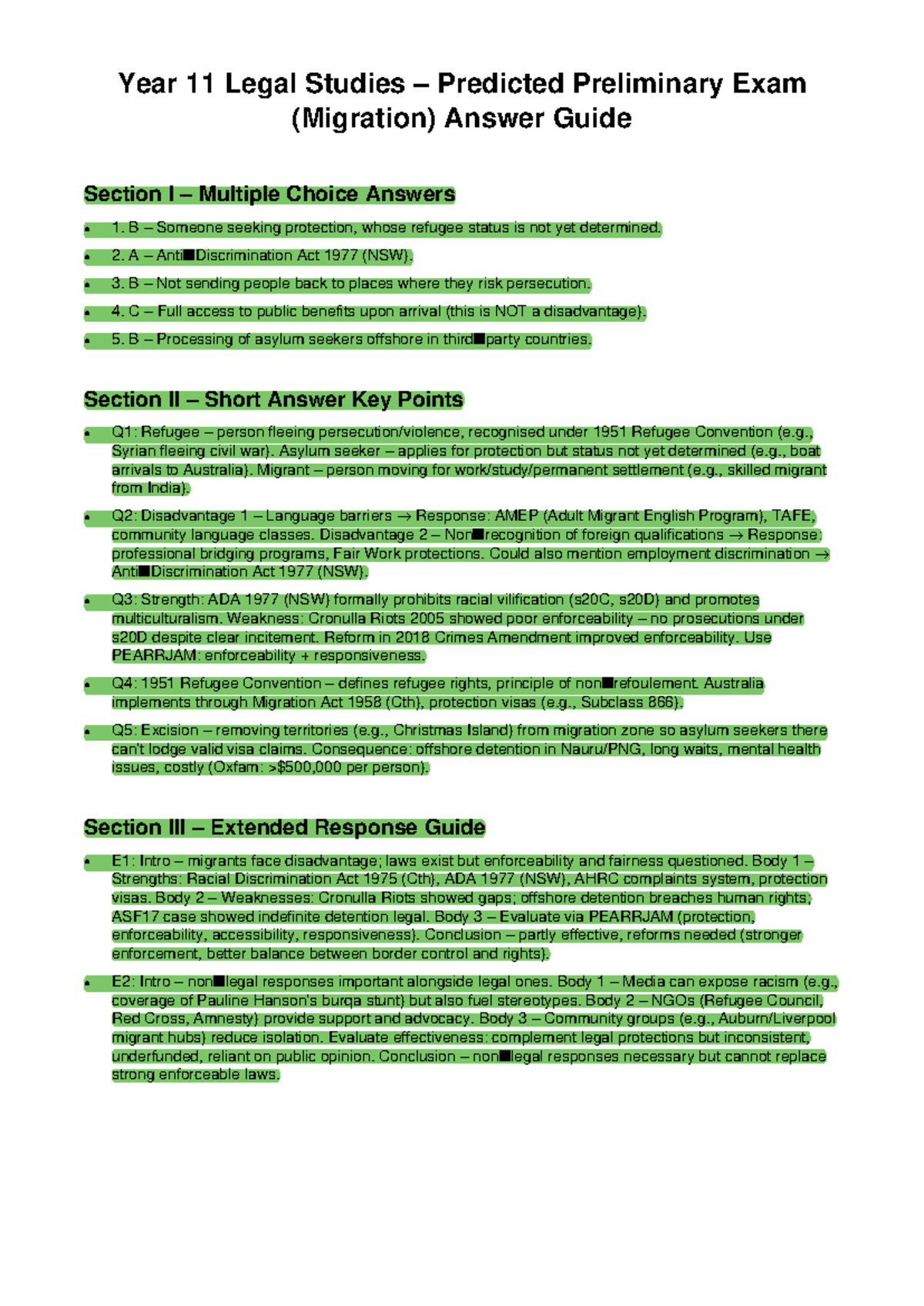 Y11 Legal Studies Prelim Exam (Migration) Answer Guide - Studocu
