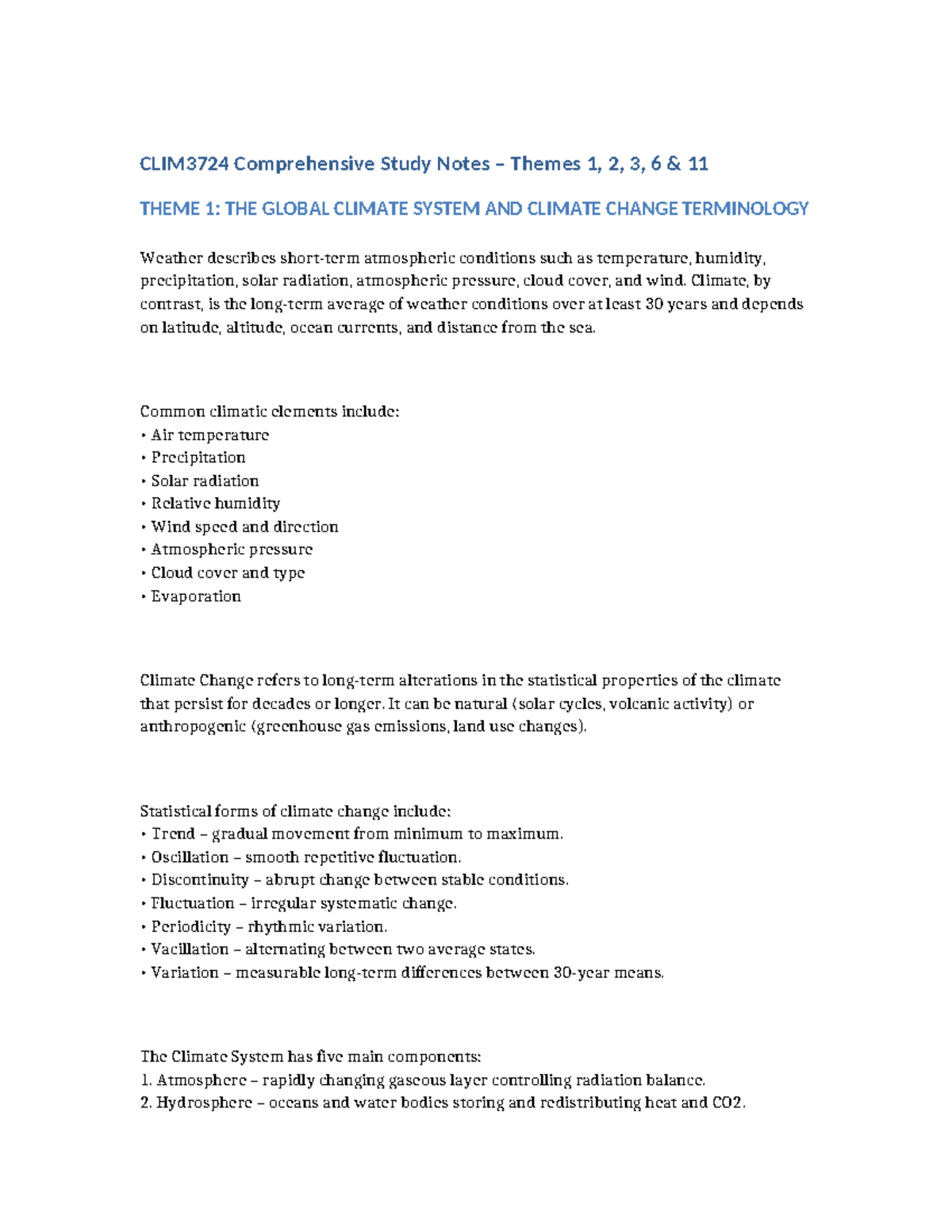CLIM3724 Comprehensive Study Notes on Climate Change Themes 1, 2, 3, 11 ...