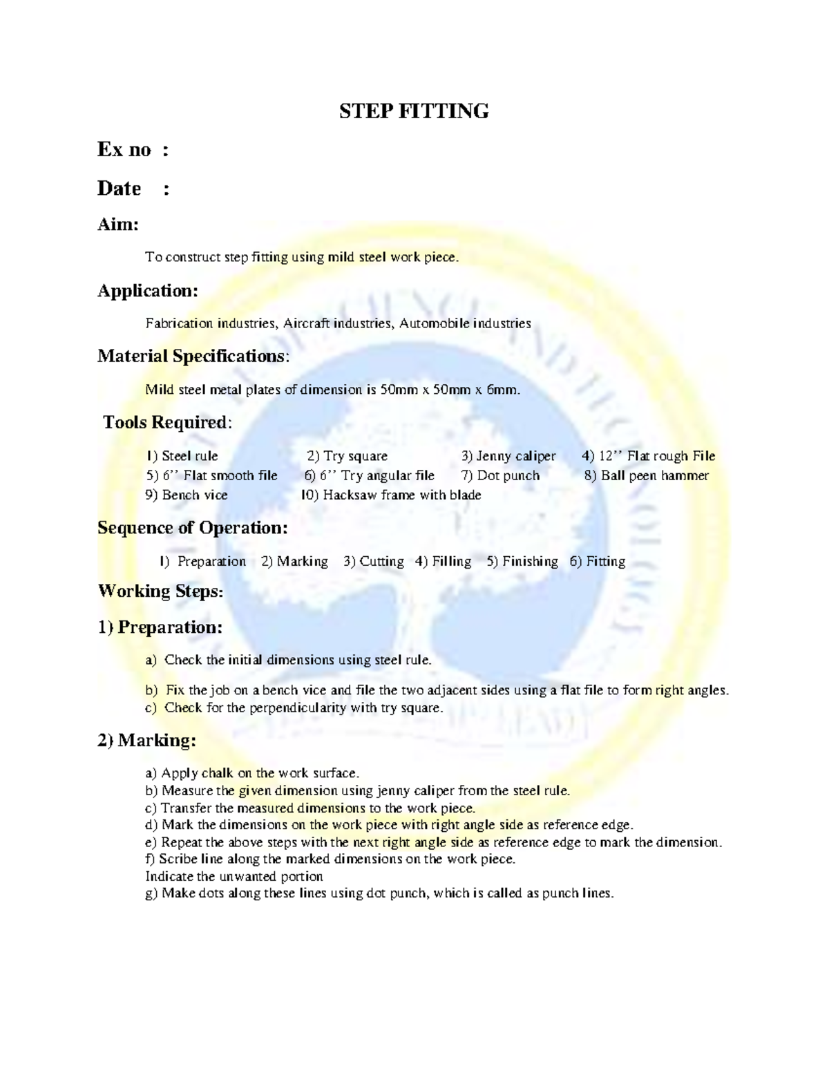 1 STEP Making - notes and how to do - STEP FITTING Ex no : Date : Aim ...