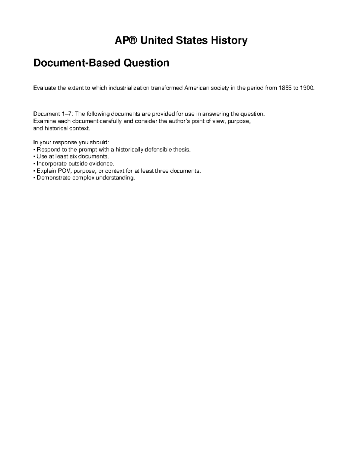 APUSH Unit 6 DBQ: Impact of Industrialization on American Society (1865 ...