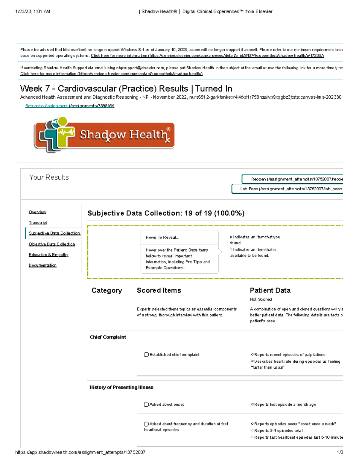 Shadow Health Cardiovascular NP Subjective Data Collection Results ...