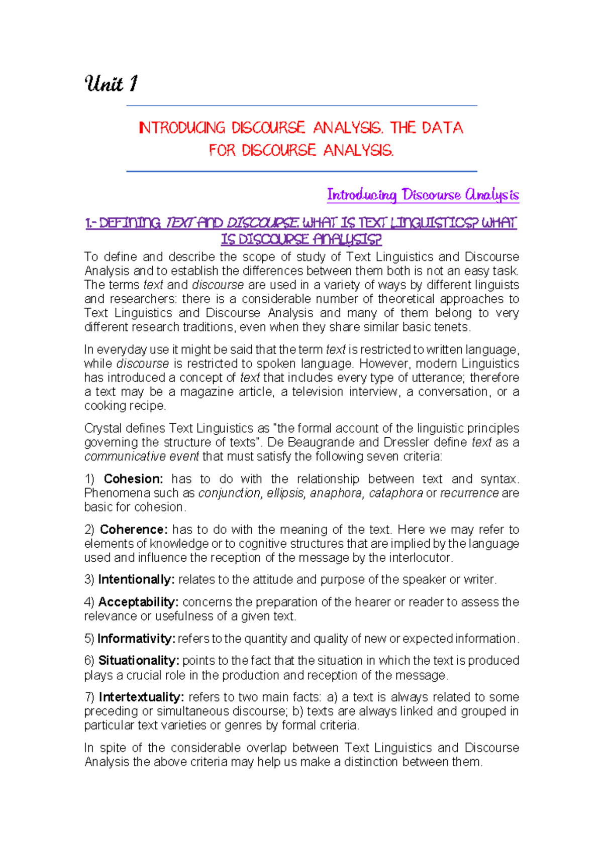 Unit 1: Introduction to Discourse Analysis and Text Linguistics - Studocu