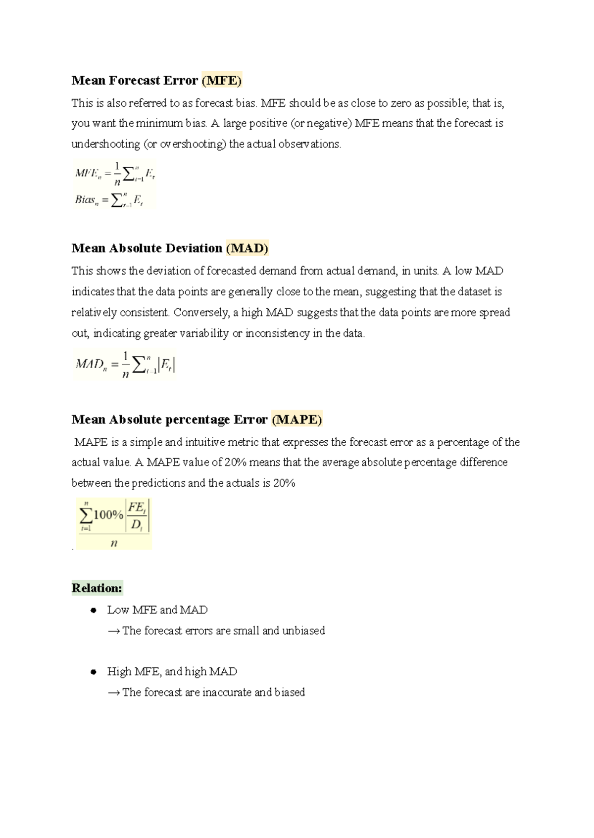 Forecasting Techniques: MFE, MAD, MAPE Insights for Accuracy - Studocu