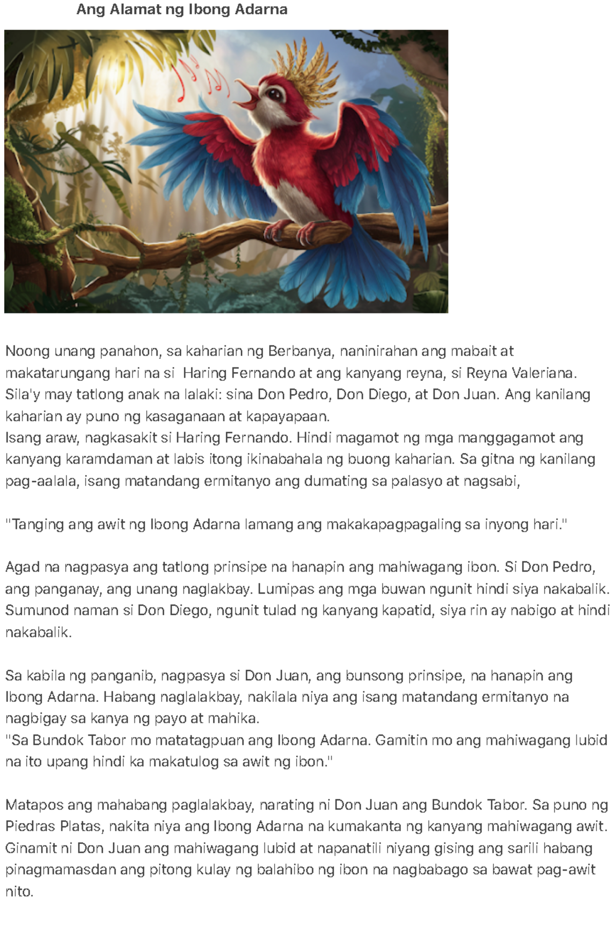 Alamat ng Ibong Adarna: Kwento ng Pakikipagsapalaran at Pagsasakripisyo ...