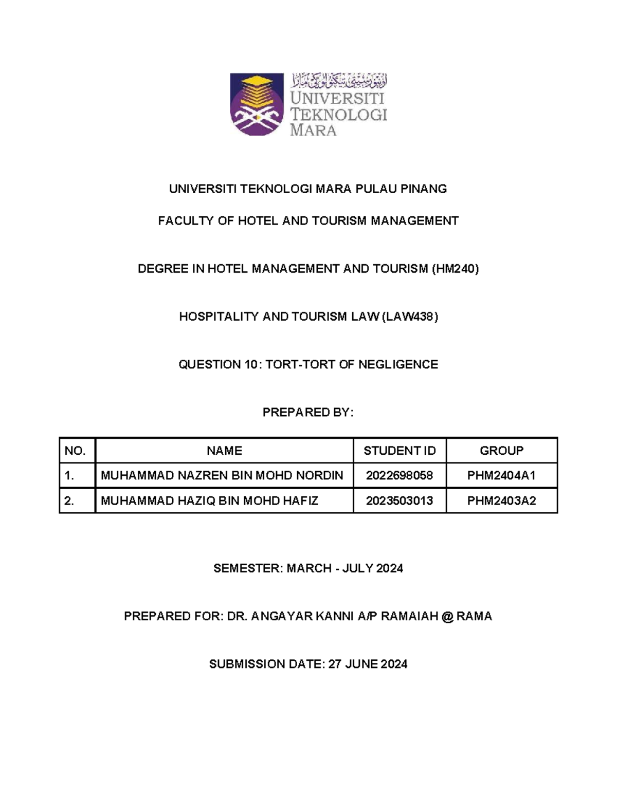 LAW438 Group 10: Tort of Negligence Analysis and Case Study - Studocu