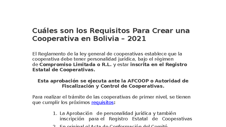 Requisitos para Crear una Cooperativa en Bolivia 2021 - Studocu