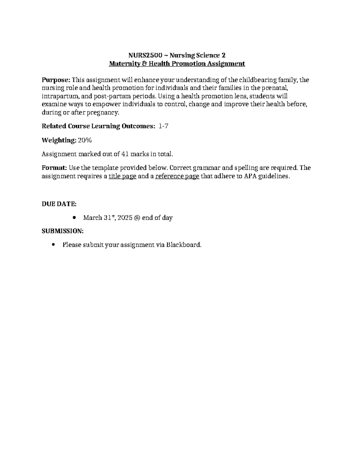 NURS2500 Maternity Health Promotion Assignment: Enhancing Childbearing ...