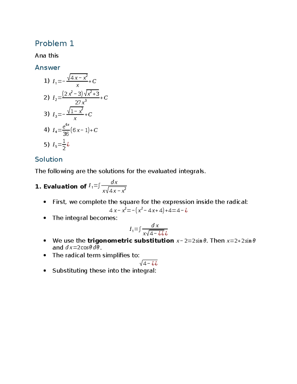 Integral Evaluation Solutions for Problem 1 in Math 101 - Studocu