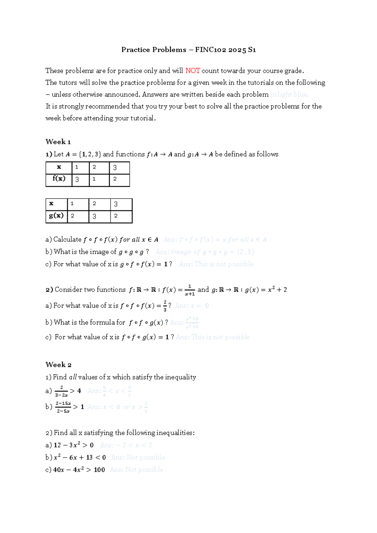 Practice Problems 2025 - Practice Problems – FINC102 202 5 S 1 These ...