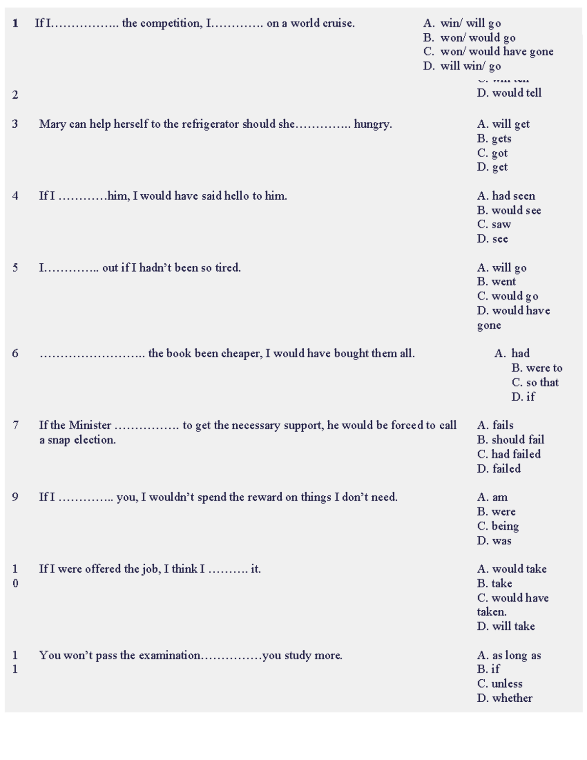 Conditional Sentences Practice Exercises (ENG 101) - Studocu