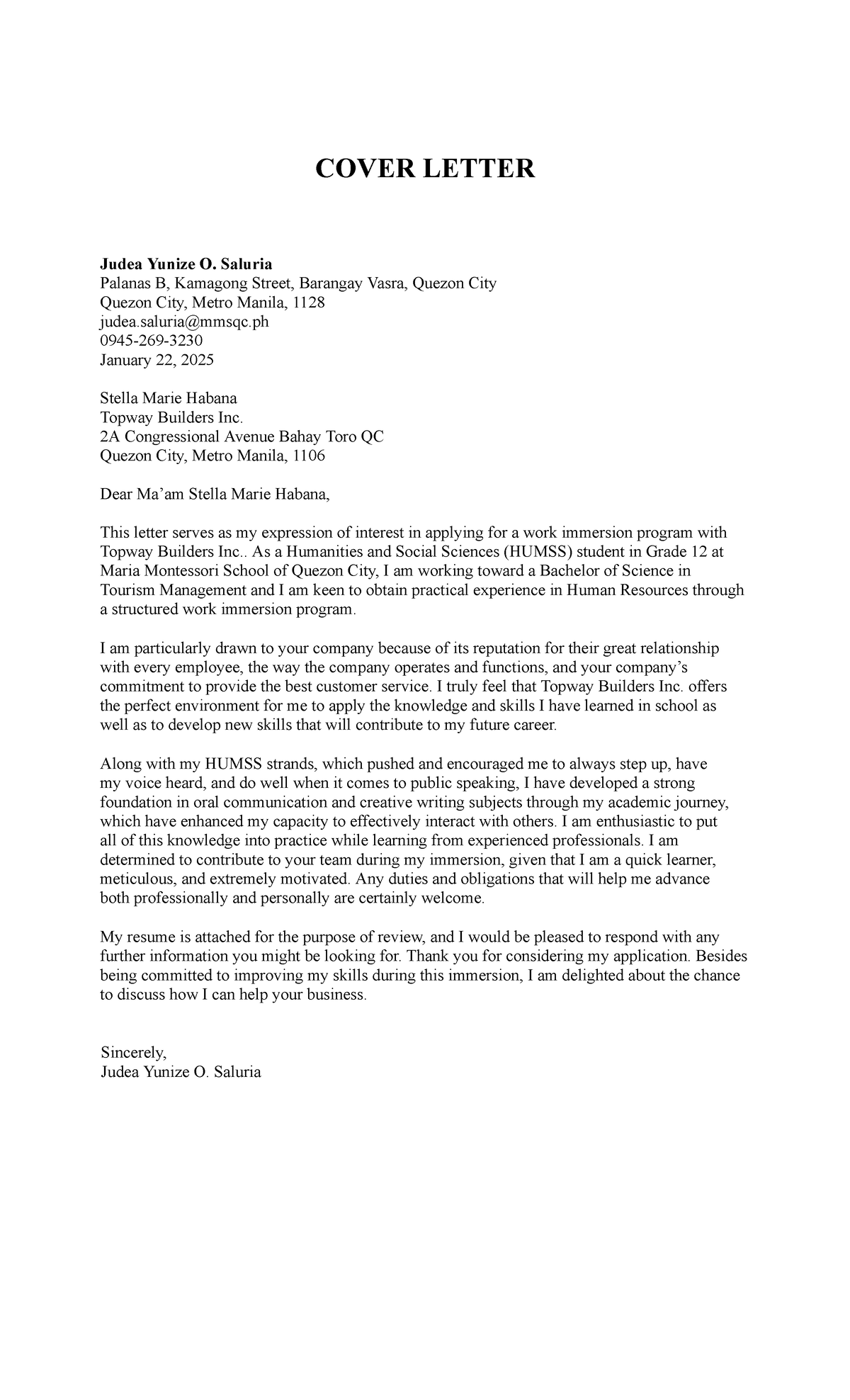 HUMSS Work Immersion Cover Letter for Topway Builders Inc. - Studocu