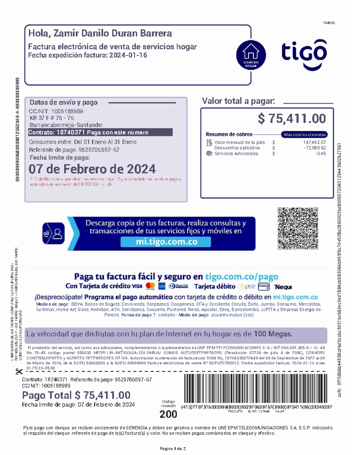 Factura Electrónica de Servicio Hogar - Tigo Hogar 2 - BDJDN - Studocu
