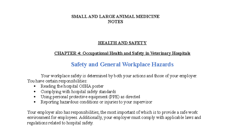 Small and Large Animal Medicine Notes: Health & Safety in Vet Hospitals ...