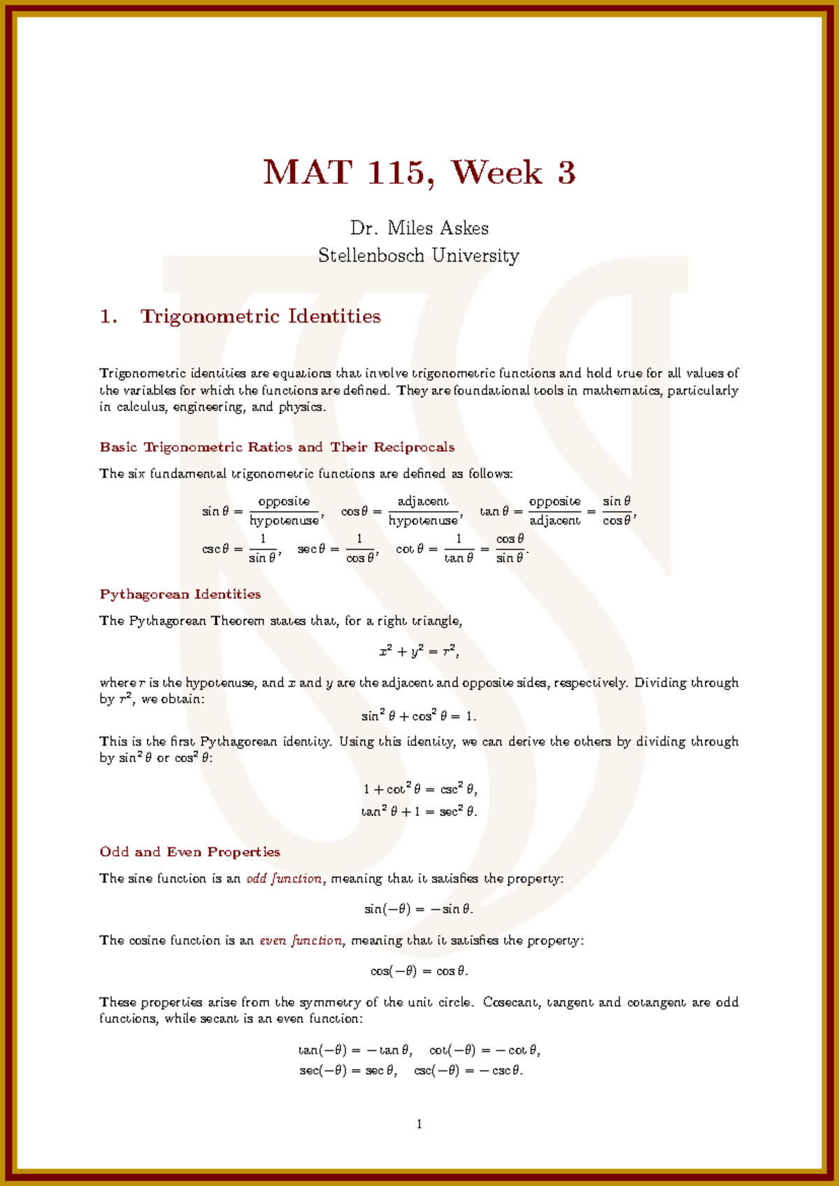 MAT 115, Week 3: Trigonometric Identities and Functions - Studocu