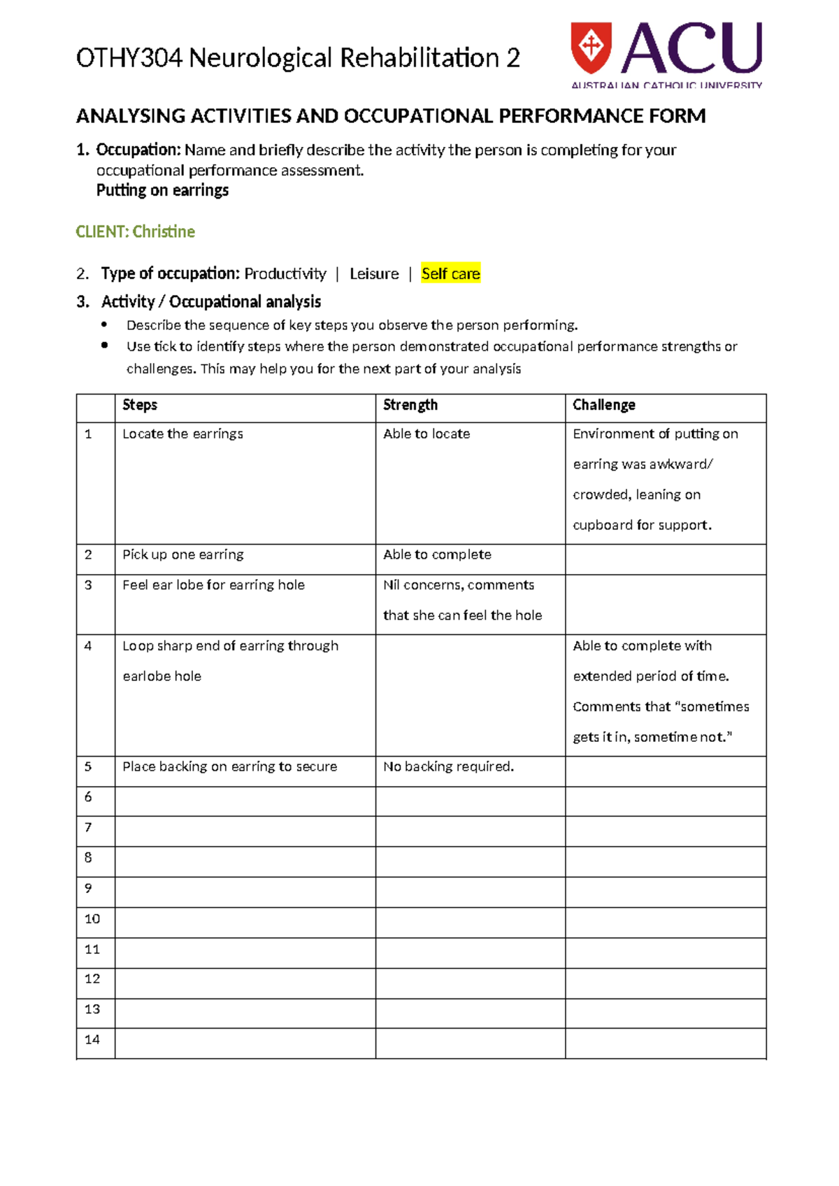 Occupational Performance Analysis: A Case Study of Earring Application ...
