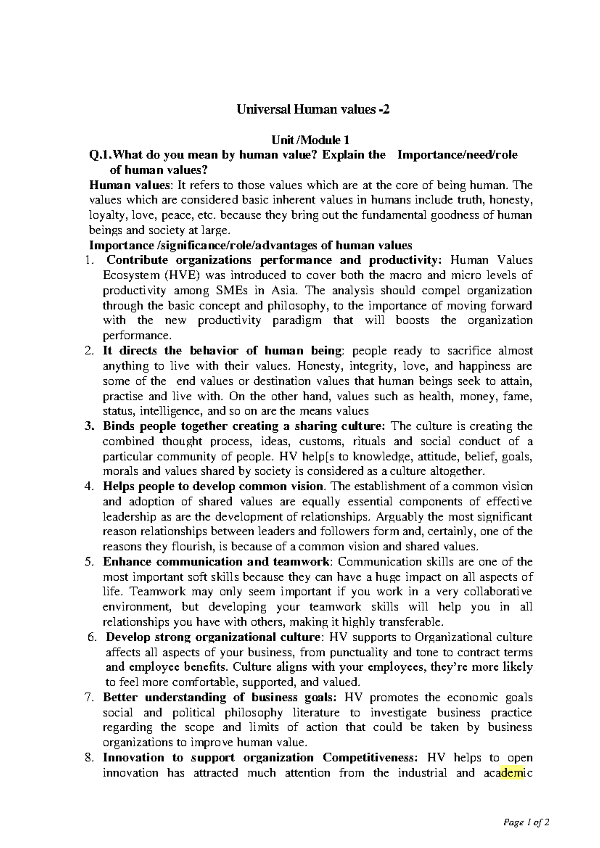 UHV 101: Comprehensive Notes on Universal Human Values - Studocu