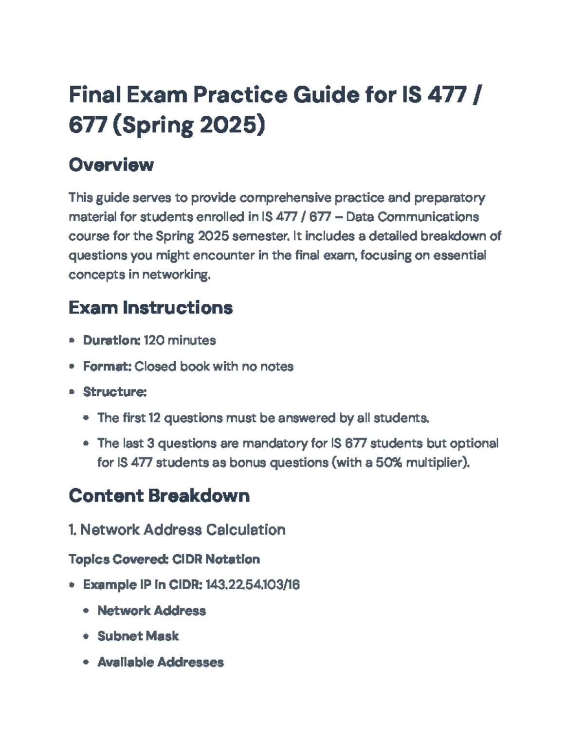 Final Exam Prep Guide for IS 477/677 - Data Communications (Spring 2025 ...