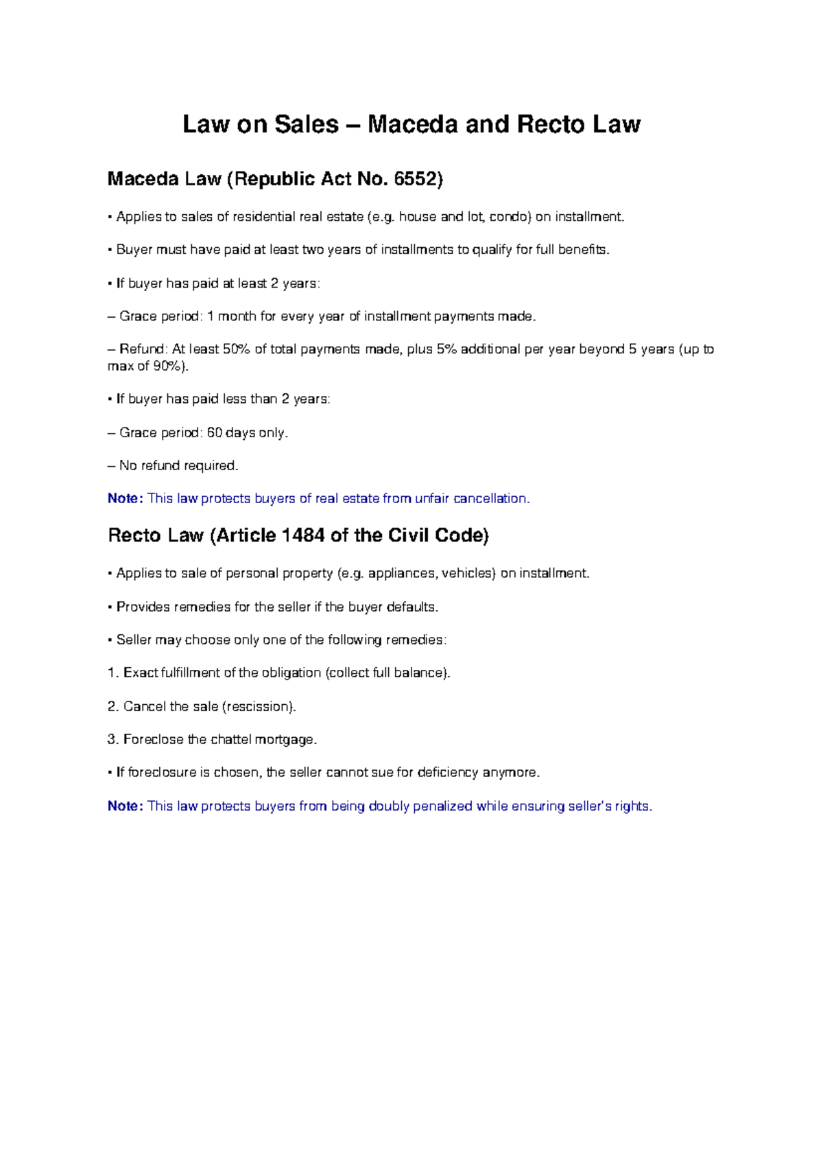 Law on Sales: Maceda & Recto Law Reviewer (RA No. 6552) - Studocu