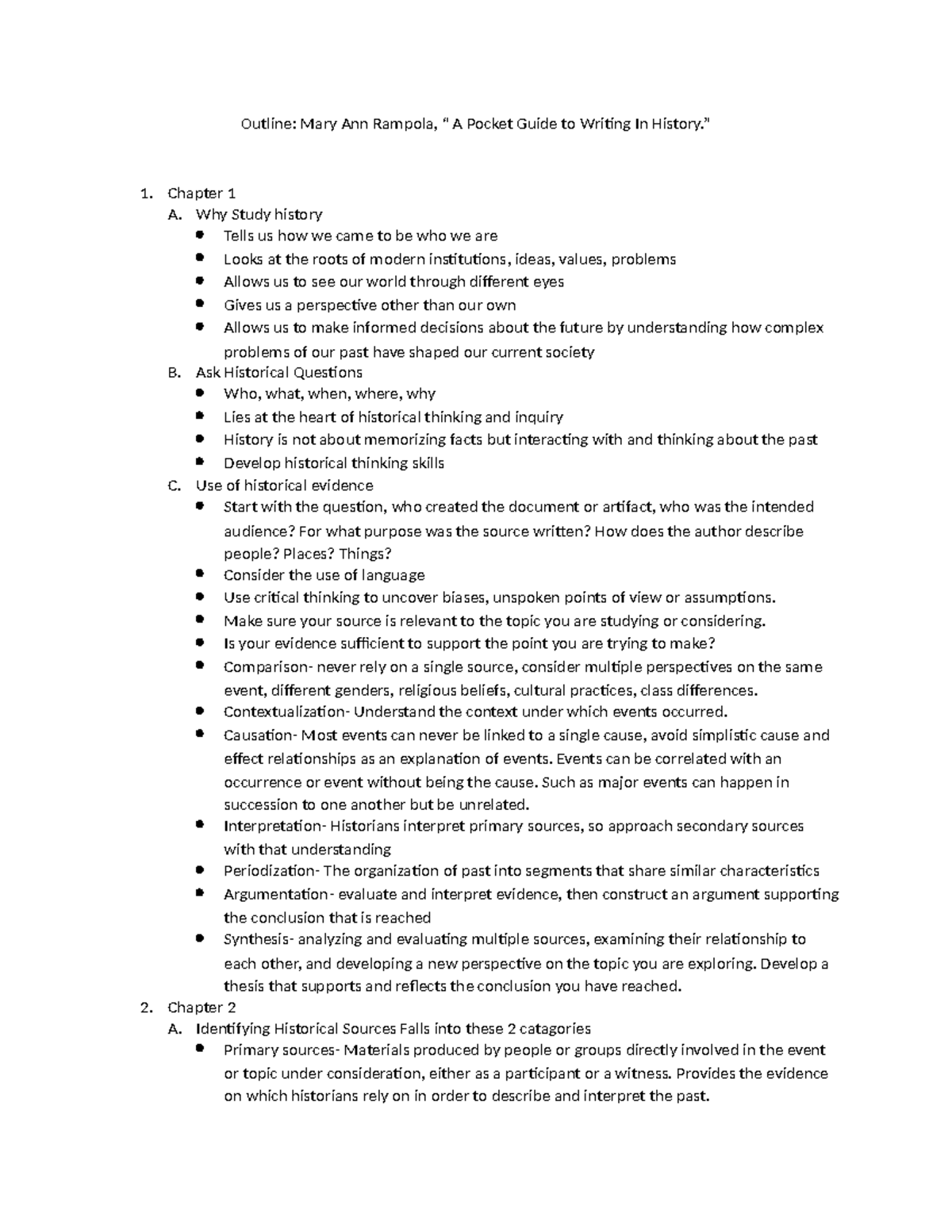 Docx 6 - Summary A Pocket Guide to Writing in History - Outline: Mary ...