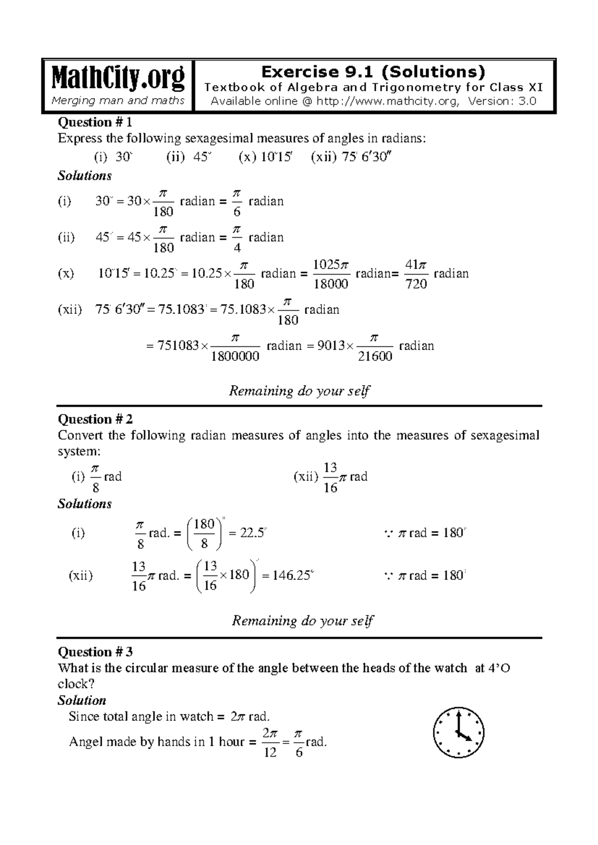 Exercise 9.1 Solutions for Algebra and Trigonometry - Class XI - Studocu