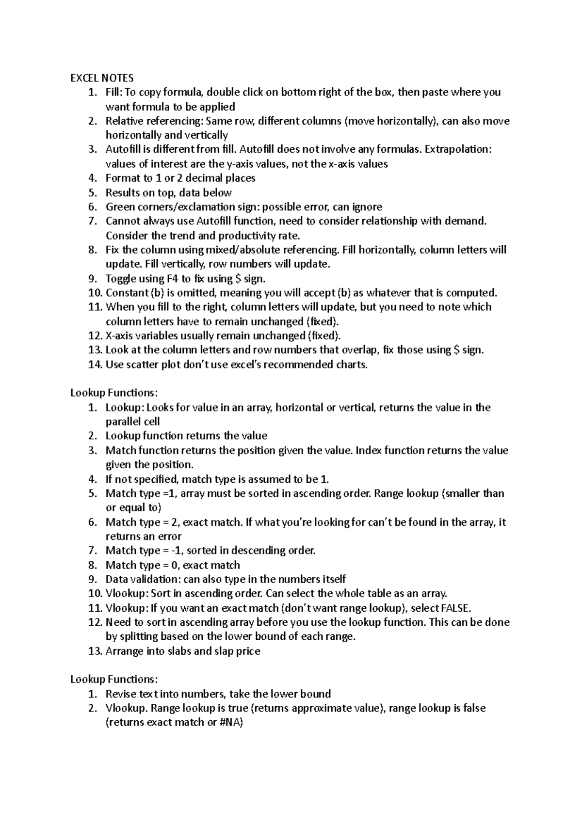 Excel Notes - EXCEL NOTES Fill: To copy formula, double click on bottom ...