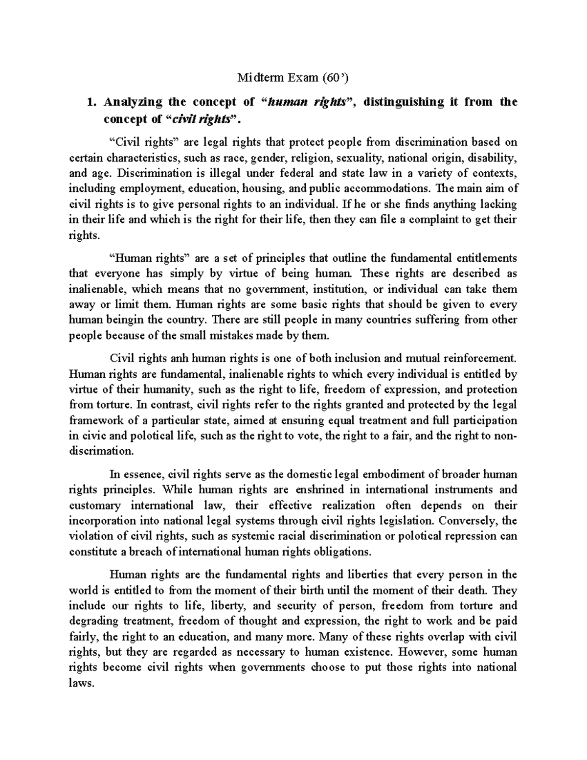 Midterm Exam 1: Analyzing Civil Rights vs. Human Rights Concepts - Studocu
