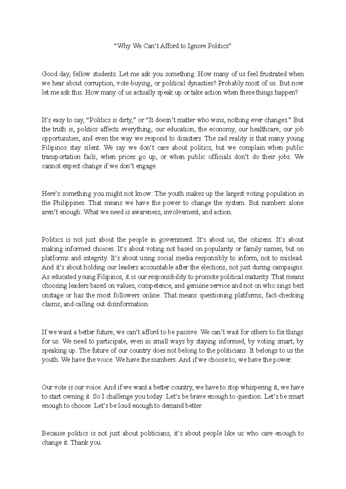 ENG 101: Speech Script on Youth Empowerment in Politics - Studocu