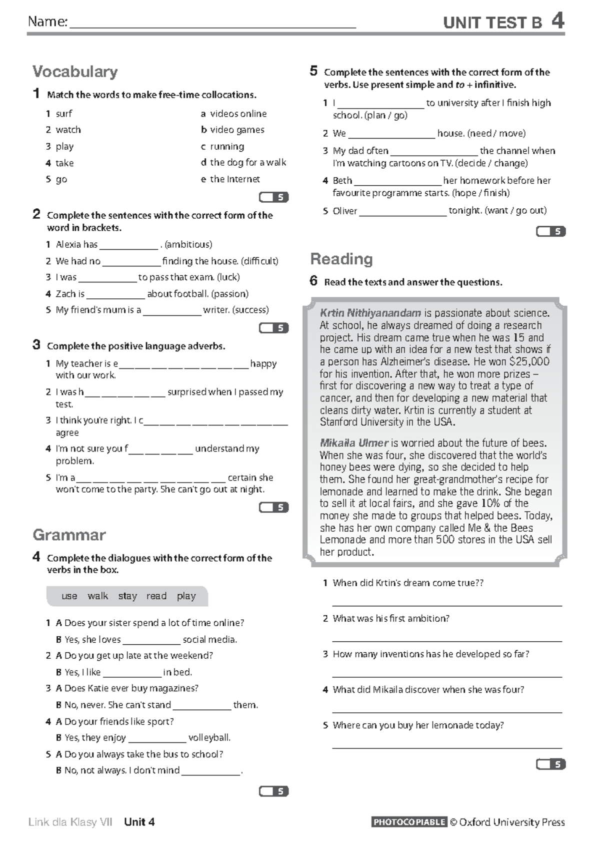 Link L7 U4 Unit Test B: Vocabulary & Grammar Exercises - Studocu