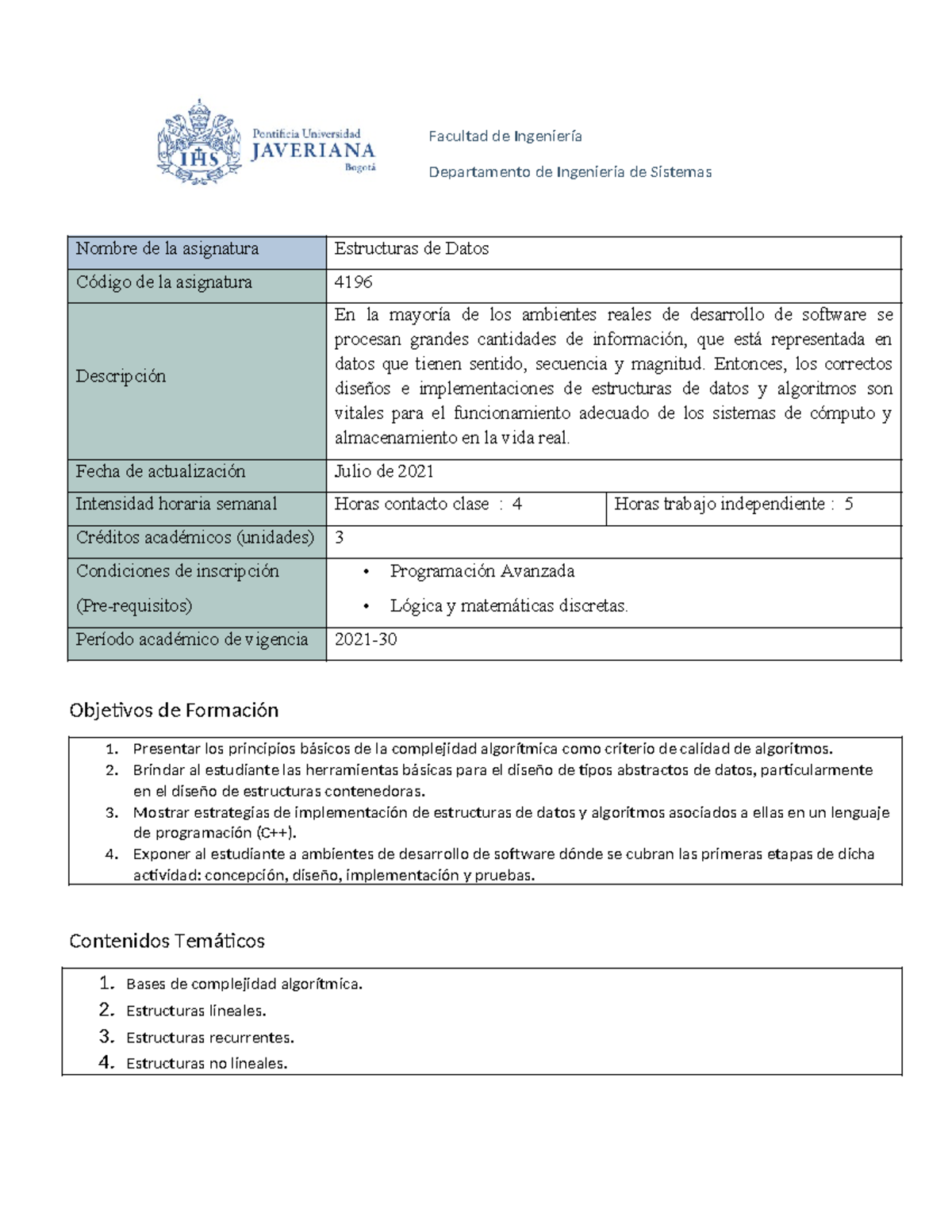 Estructuras de Datos - Curso 4196 - Universidad Javeriana - Document Preview