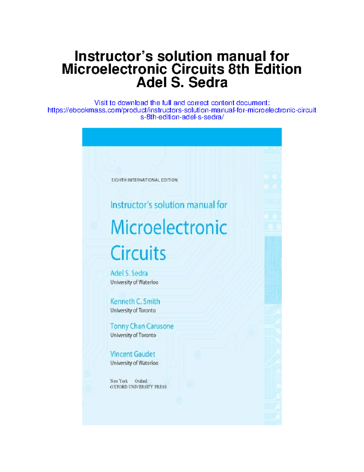 Instructors Solution Manual: Microelectronic Circuits (8th
