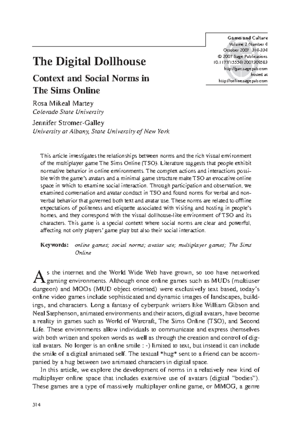 The Digital Dollhouse: Social Norms in The Sims Online (TSO) Analysis ...