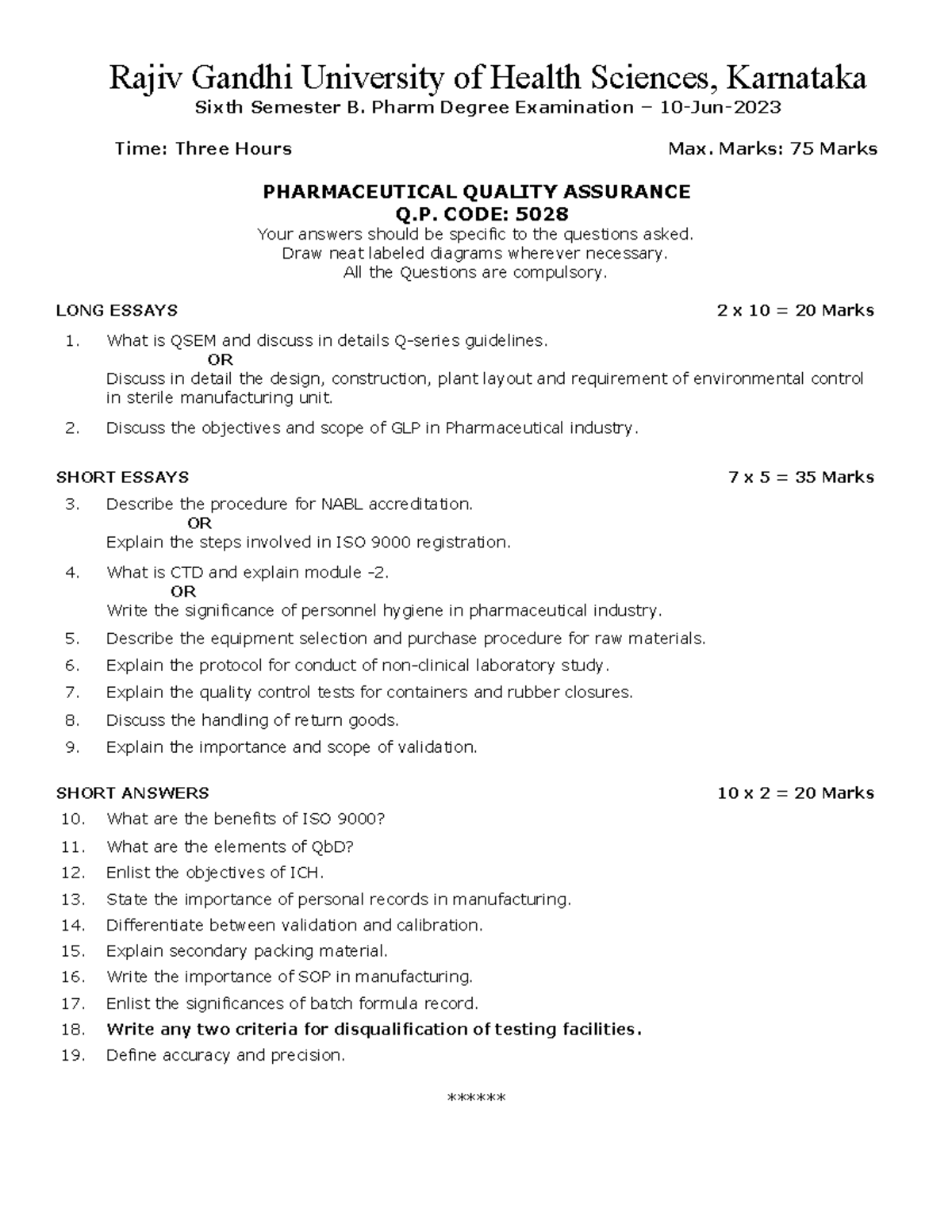 Pharm - 5028 - Quality Assurance Exam Paper - May 2023 - Studocu