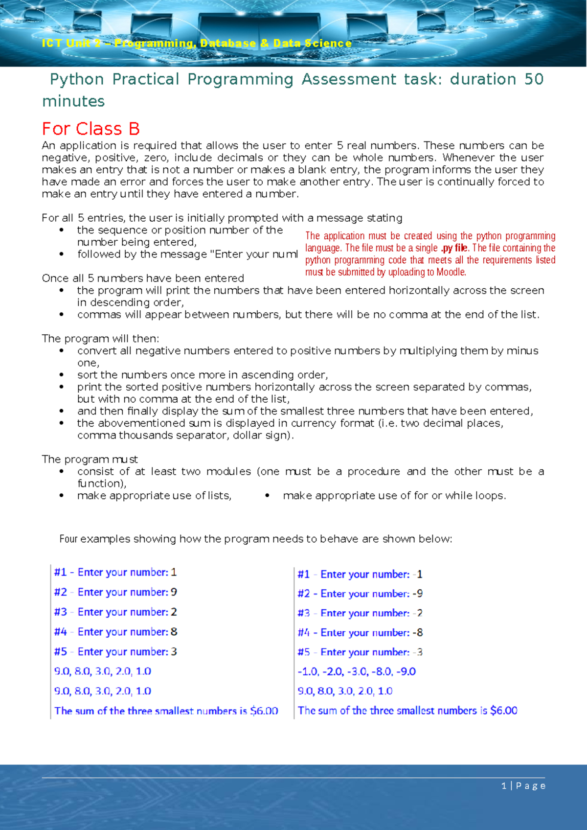 ICT Unit 2 Python Practical Assessment: User Input & Sorting Task - Studocu