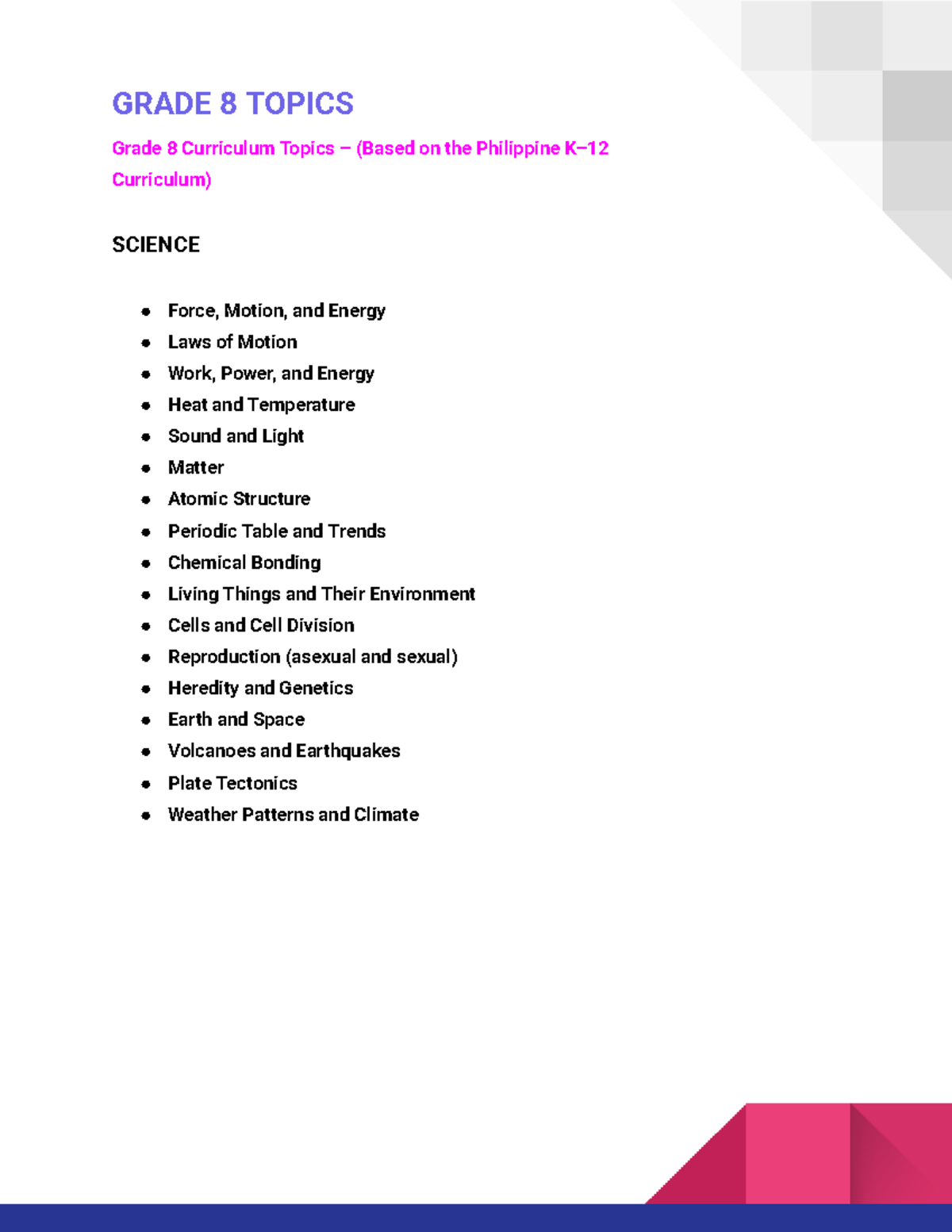 G8 Curriculum Topics: Science, Math, English, Filipino, PE & Health ...