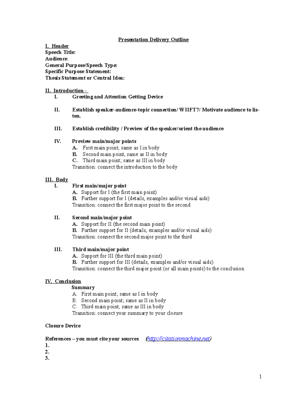 Speech Delivery Outline - Presentation Delivery Outline I. Header ...