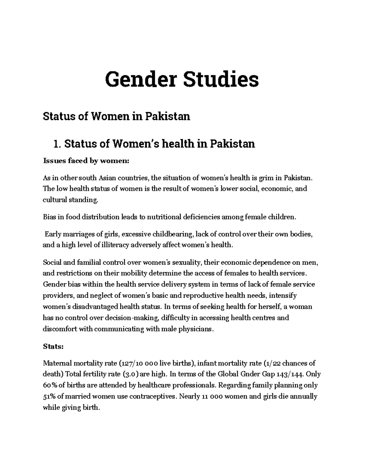 Gender Studies Status of Women in Pakist - Status of Women’s health in ...