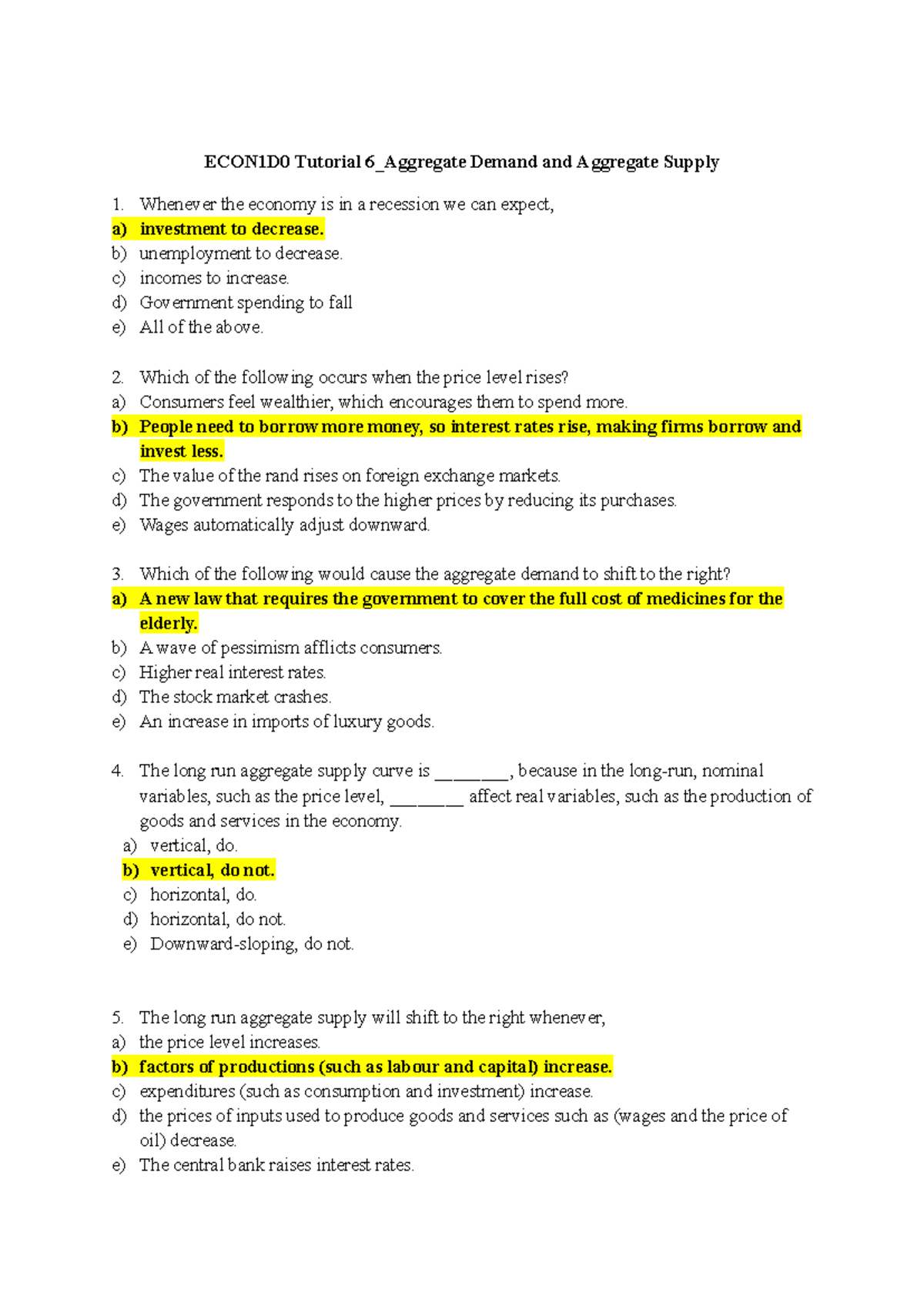 ECON1D0 Tutorial 6 Solutions: Aggregate Demand & Supply Analysis - Studocu