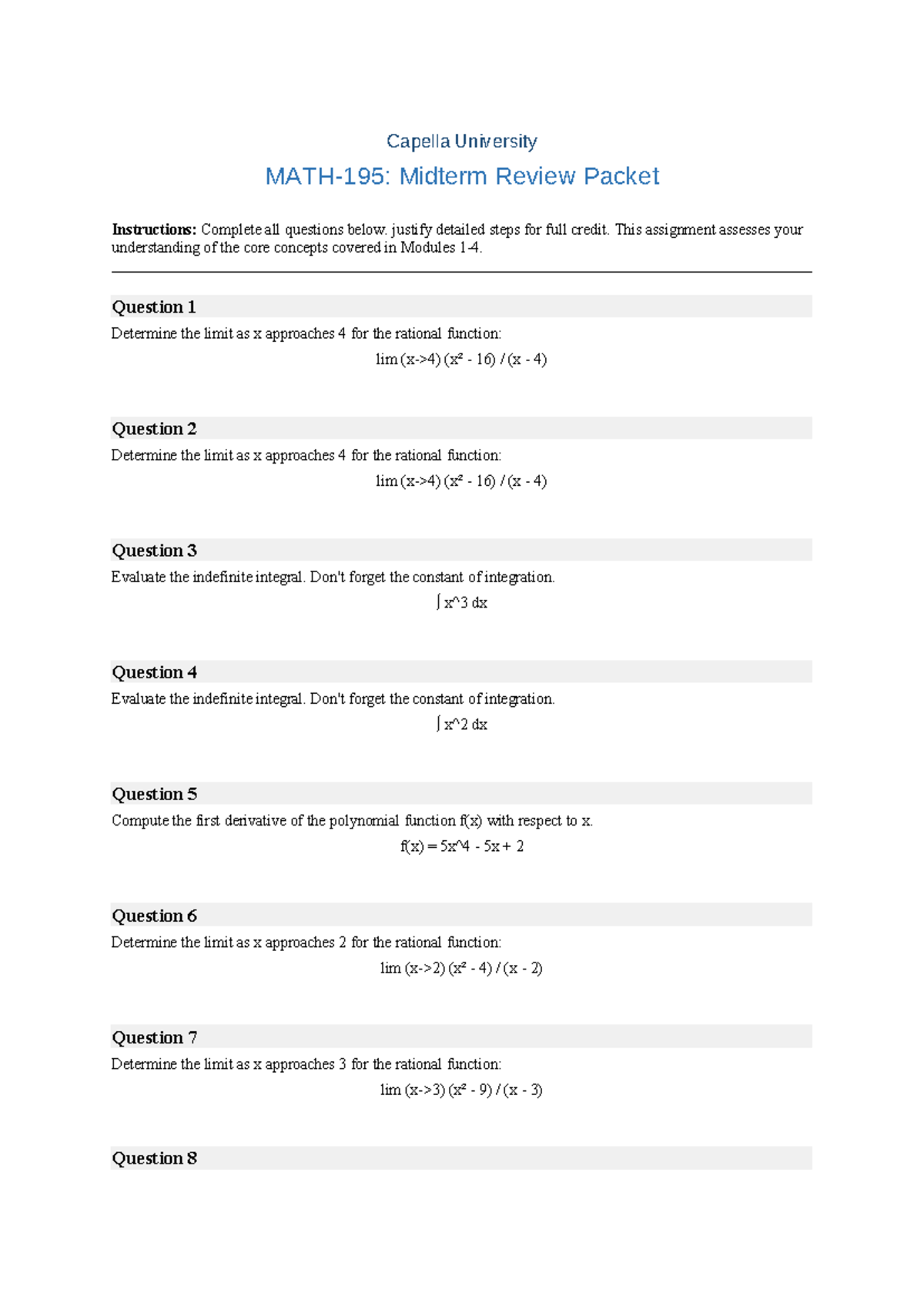 Calculus Midterm Review Packet 63609184: Limit & Integral Solutions ...