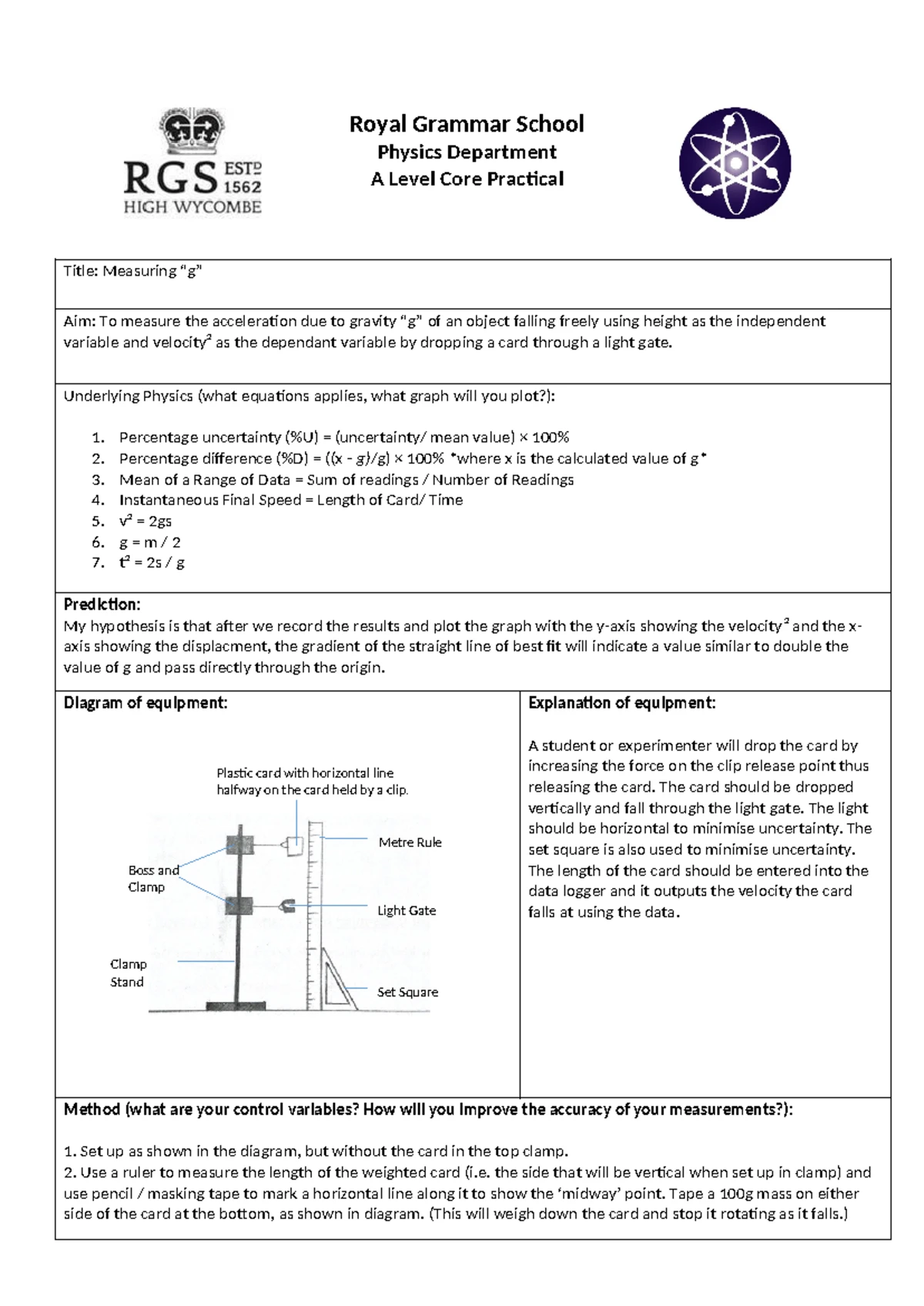 Measuring the acceleration due to gravity - Measuring the accelera/on ...