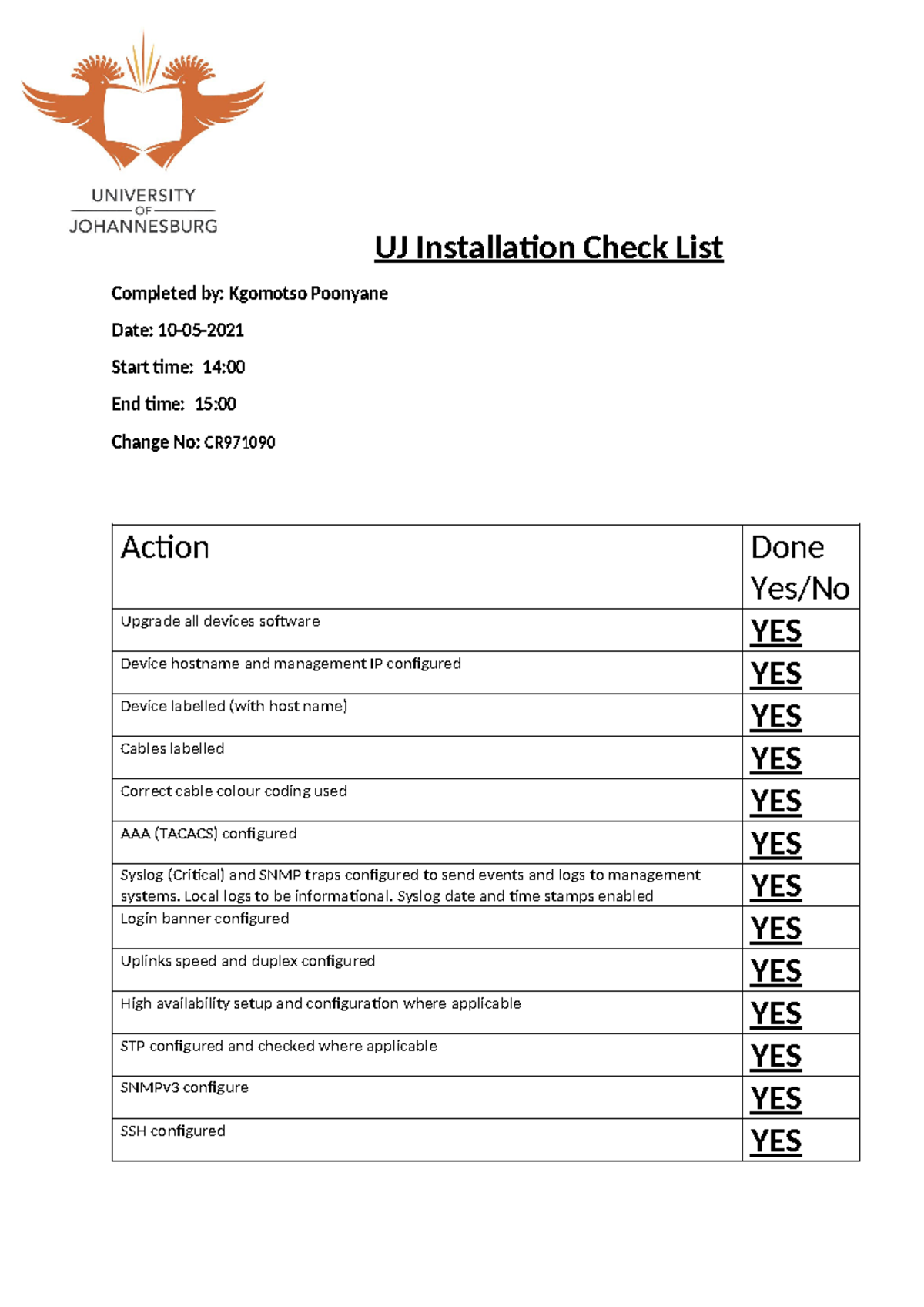 CR971090 - masada change 15 - UJ Installation Check List Completed by ...