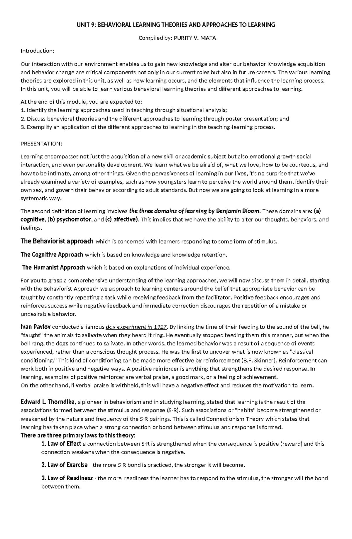 UNIT 9 ED 111 - Behavioral Learning Theories & Approaches to Learning ...