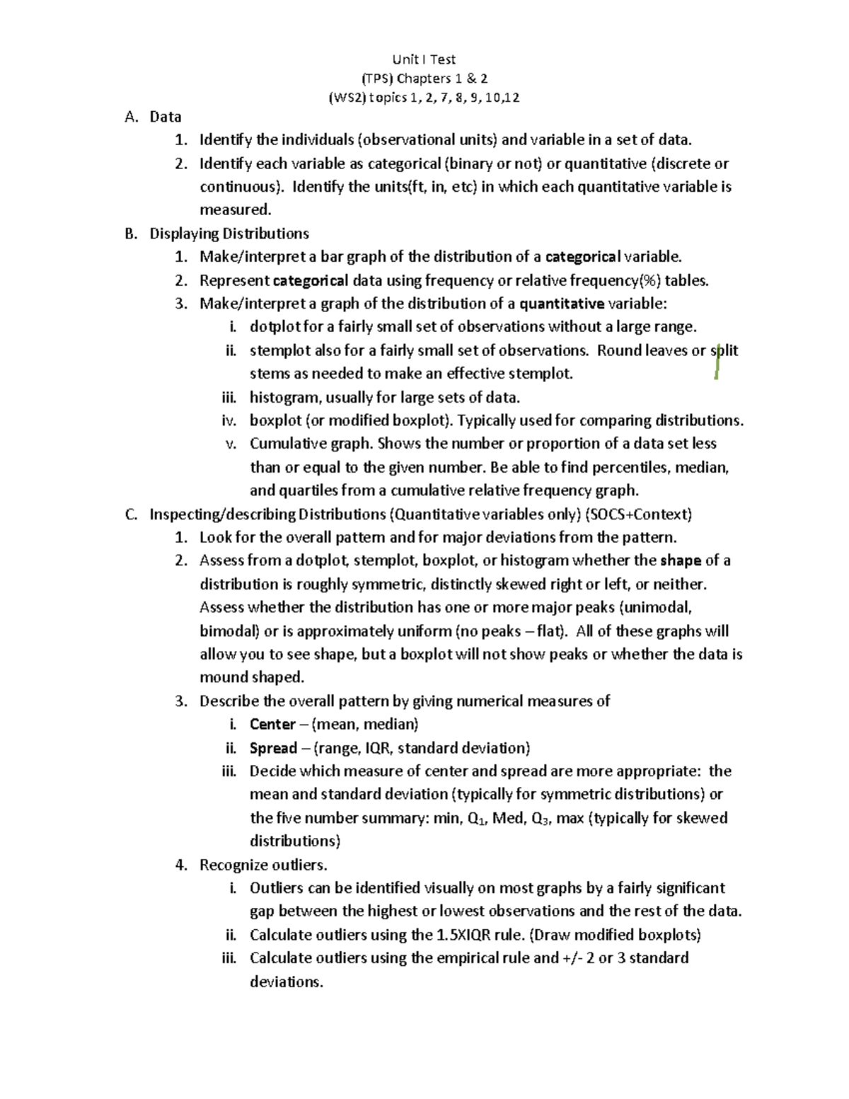 Unit I notes 2020 - Unit I Test (TPS) Chapters 1 & 2 (WS2) topics 1, 2 ...