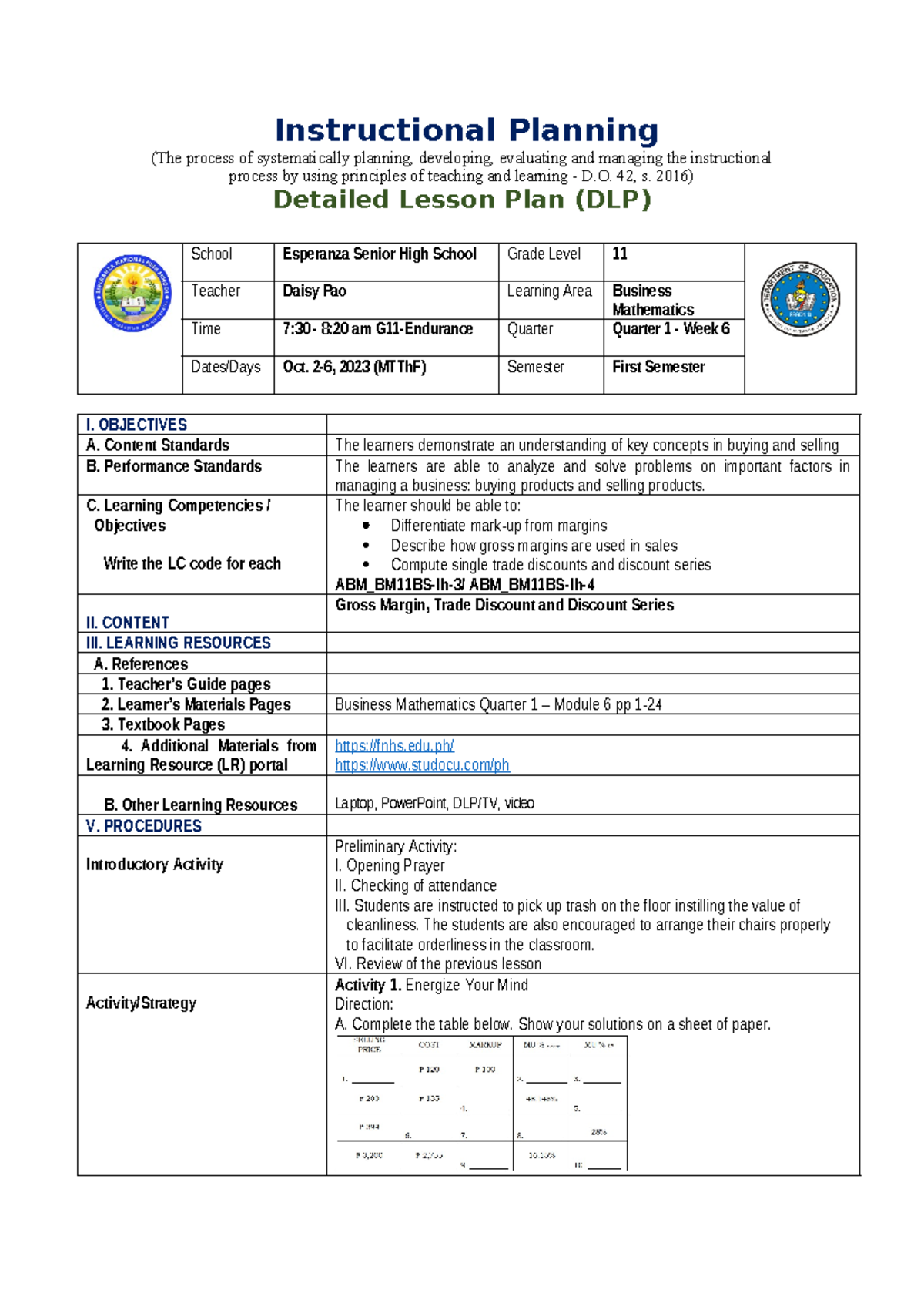DLP-Bus Math Q1 W6 - Comprehensive Instructional Planning Guide - Studocu