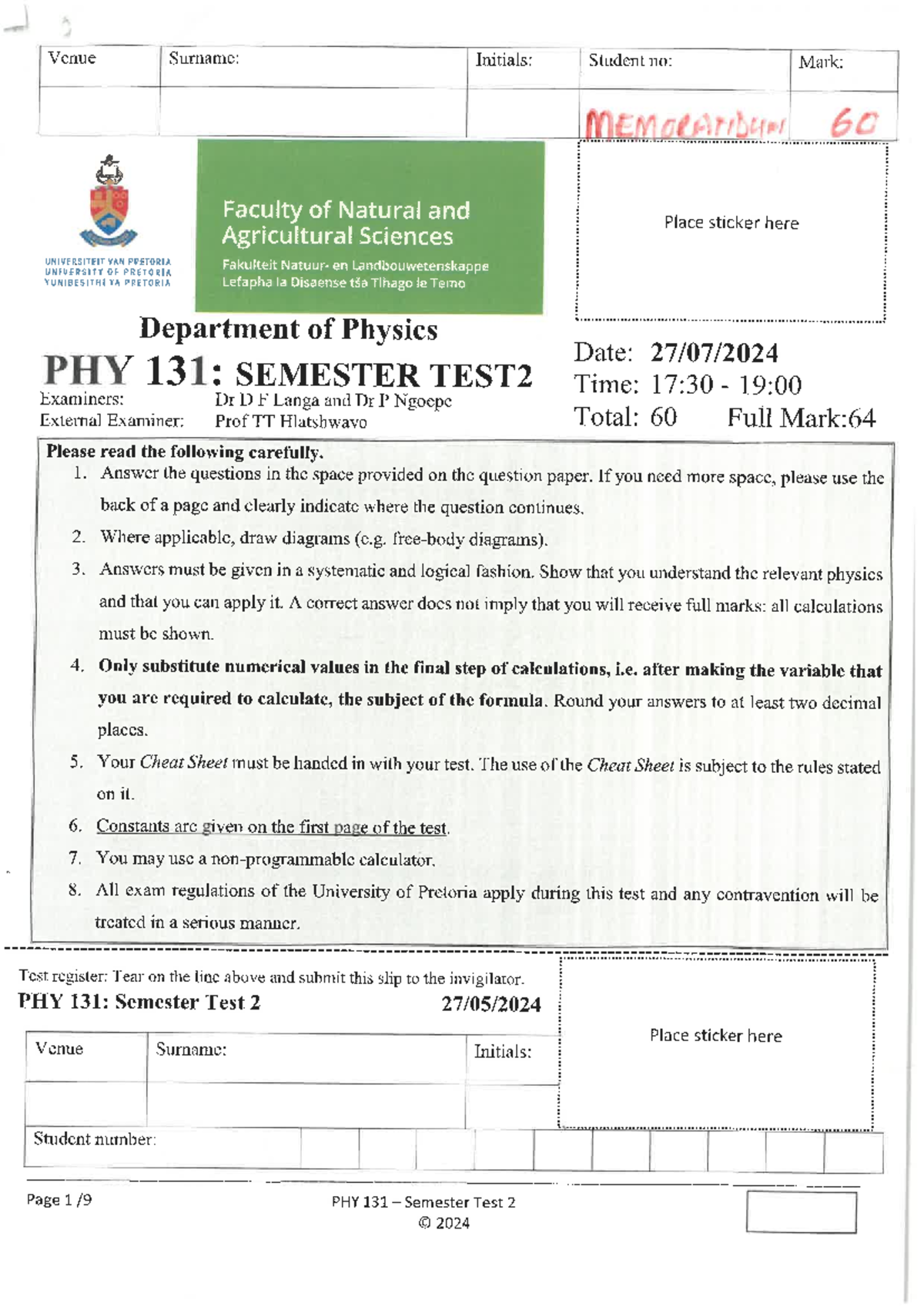 PHY 131 Semester Test 2 - 2024 Review and Solutions Memo - Studocu