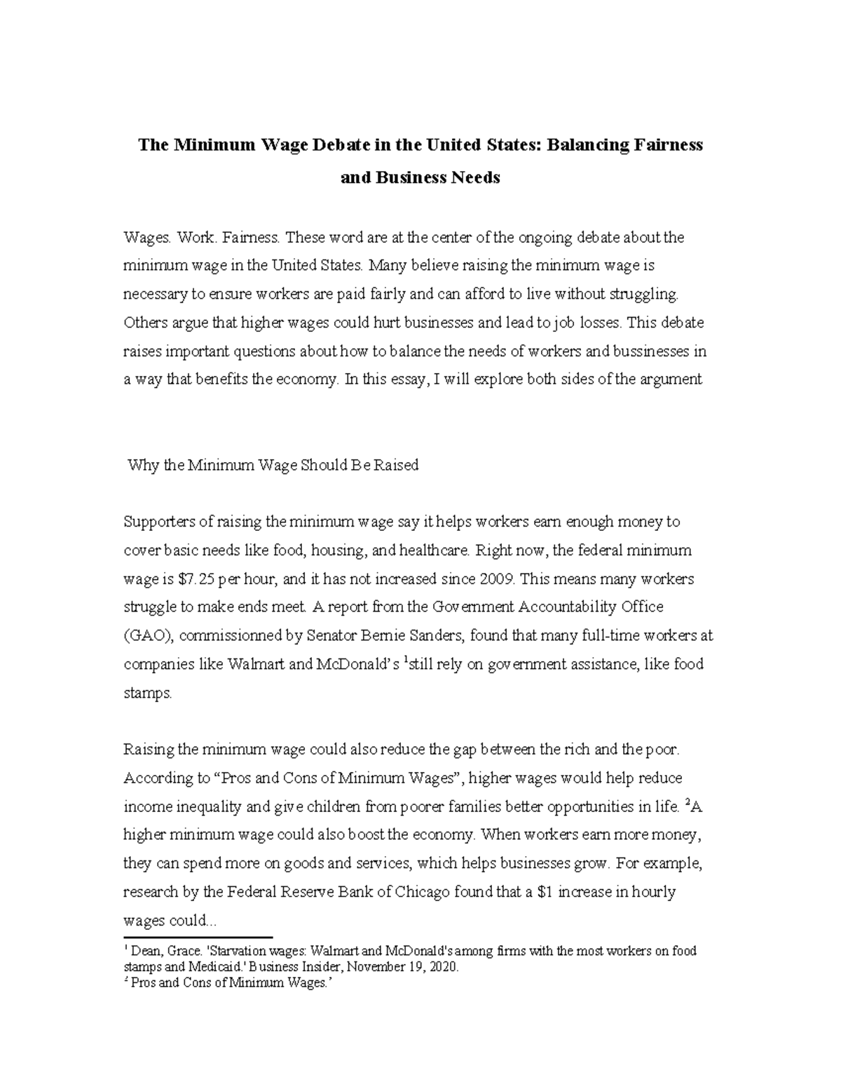 Minimum wages engelsk Essay The Minimum Wage Debate in the United