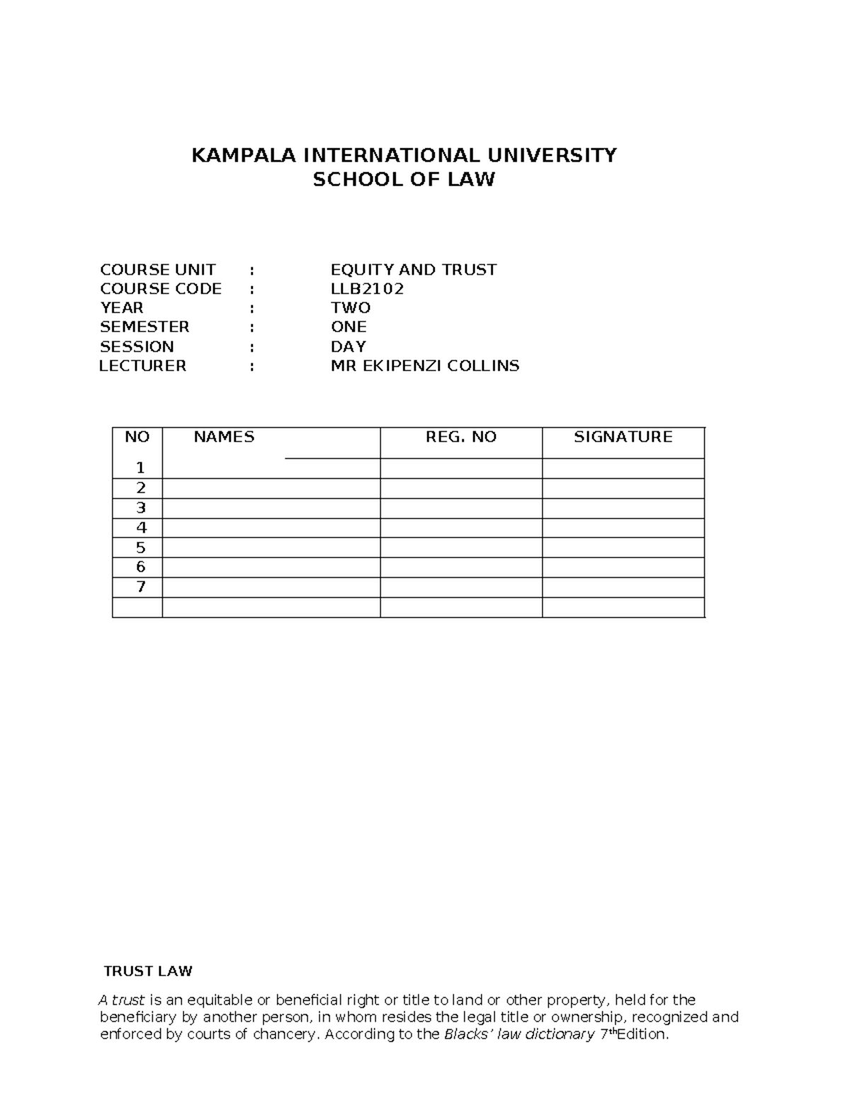 Equity and Trust Law Notes - LLB2102 - Year Two Semester One - Studocu